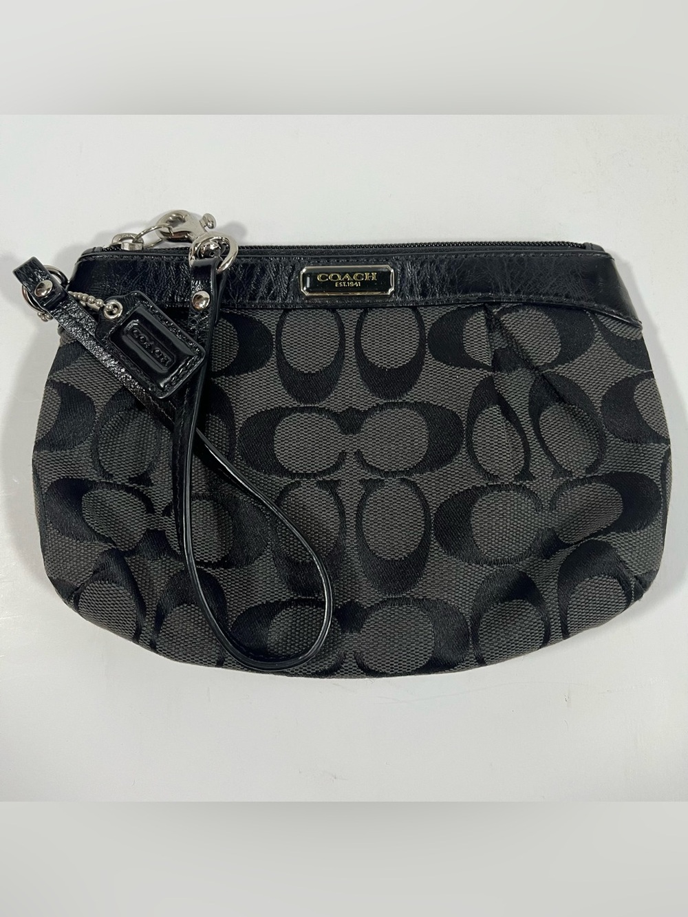 Coach Black & Gray Signature Logo Pattern Wristlet Clutch